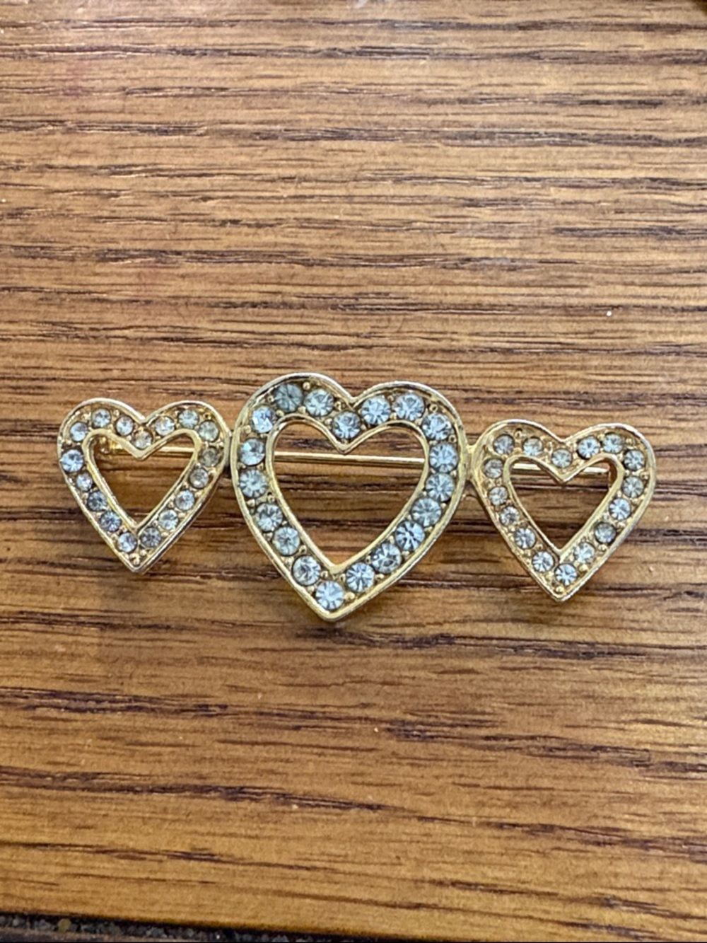 Gold Heart Trio Rhinestone Brooch - Women Jewelry